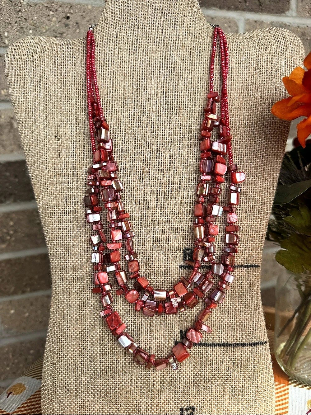 Red Iridescent Multi-Strand Beaded Boho Statement Necklace